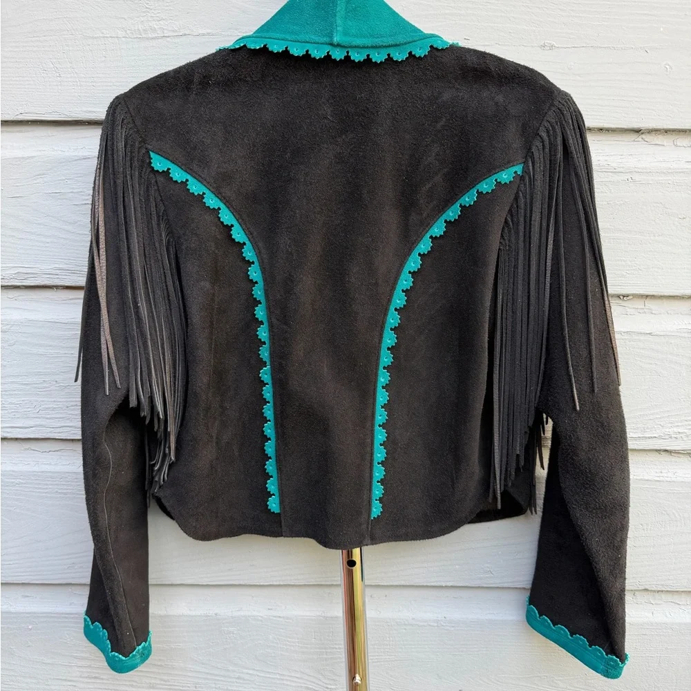 Turquoise and Black Women's Jacket with Fringe - Picture 2 of 2